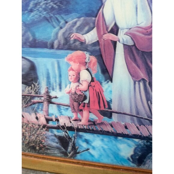 Vintage 70's Lenticular 3D Hologram Guardian Angel Children Framed Picture - Picture 13 of 15